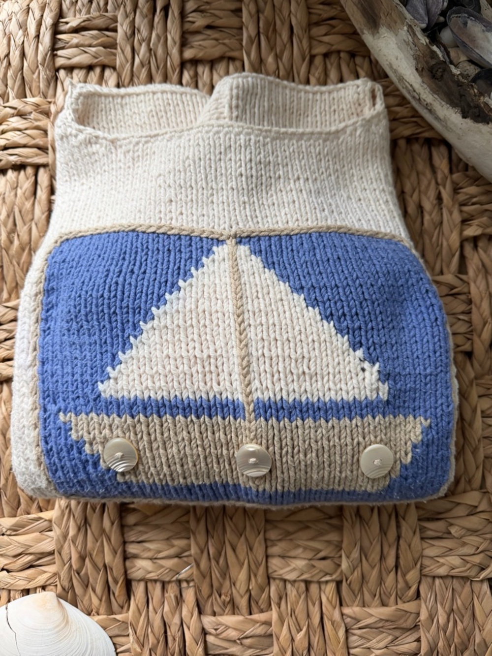 Coastal 100% Cotton Boatneck Sailboat Hand knit Sweater